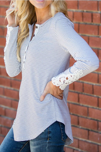 Pre-Order Round Neck Lace-cut Stripe Long Sleeve Top
