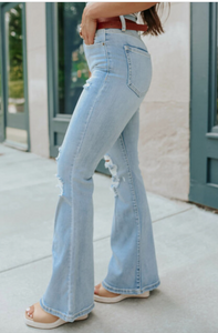 Pre-Order Sky Blue Wash Distressed Flare Jeans