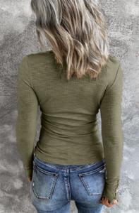 Pre-Order Crewneck Buttons Ribbed Knit Long Sleeve Top