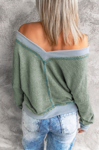 Pre-Order Green Waffle Knitted V Neck Top