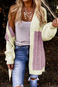 Pre-Order Color Block Open Front Cable Knitted Cardigan