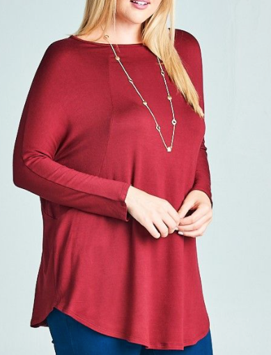 Red Plus Size French Terry Round Neck Solid Pullover with Long Sleeves