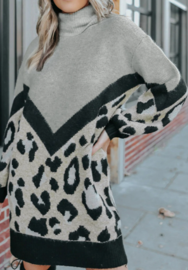 Pre-Order Gray Turtleneck Chevron Leopard Knit Sweater Dress