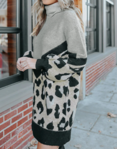 Pre-Order Gray Turtleneck Chevron Leopard Knit Sweater Dress