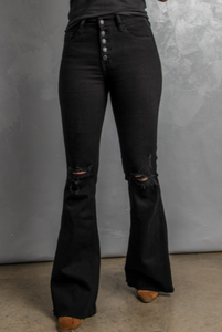 Pre-Order Black Button Fly Distressed Bell Bottom Jeans – Worn & Refined