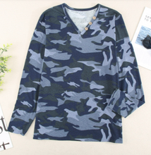 Load image into Gallery viewer, Pre-Order Camouflage Button V-Neck Long Sleeve Top