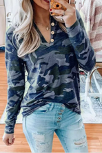 Load image into Gallery viewer, Pre-Order Camouflage Button V-Neck Long Sleeve Top