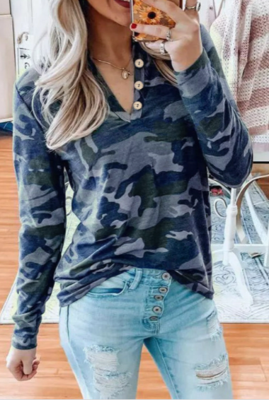 Pre-Order Camouflage Button V-Neck Long Sleeve Top