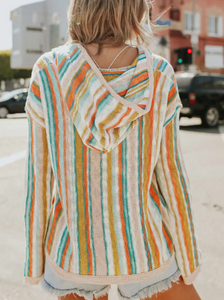 Pre-Order Multicolor Striped V Neck Bell Sleeve Hooded Sweater