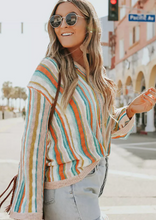 Load image into Gallery viewer, Pre-Order Multicolor Striped V Neck Bell Sleeve Hooded Sweater