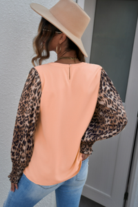 Pre-Order Coral Leopard Splicing Smocked Cuff Puff Long Sleeve Top