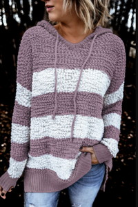 Pre-Order Color Block Side Slit Knitted Hooded Sweater