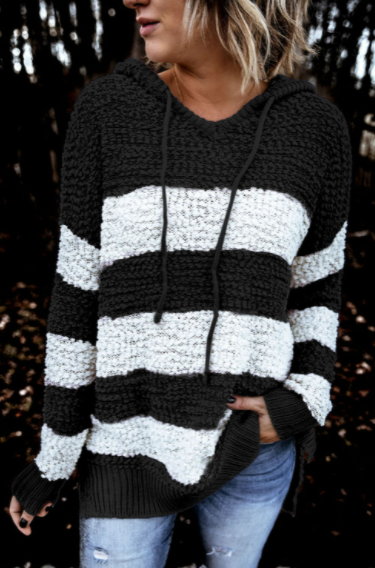 Pre-Order Color Block Side Slit Knitted Hooded Sweater