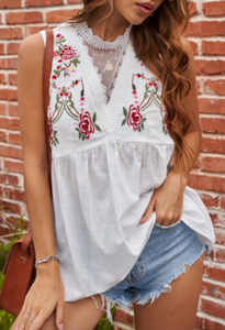 Pre-Order White Embroidered Crochet Babydoll Tank