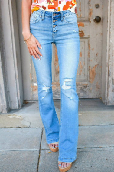 Pre-Order Button-fly Distressed High Rise Flare Jeans