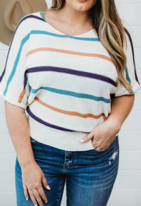 Pre-Order Plus Size Multicolor Striped Knit Short Sleeve Top