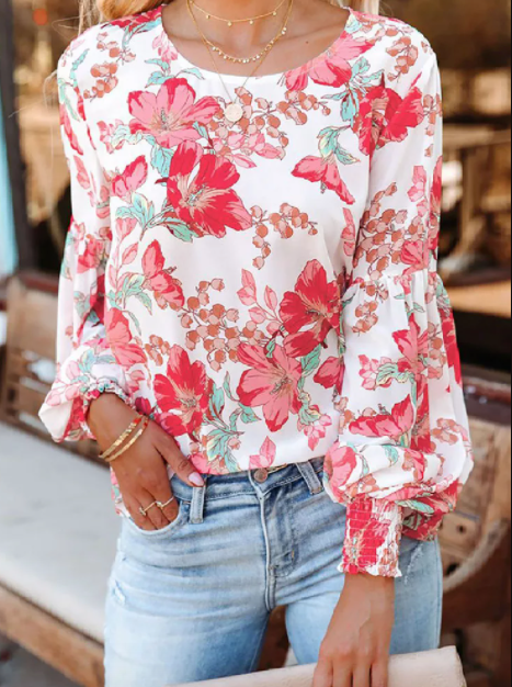 Pre-Order Floral Print Smocked Cuff Puff Sleeve Shirt