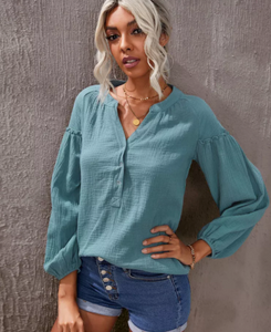 Pre-Order Casual Balloon Sleeve Crinkled Blouse Top