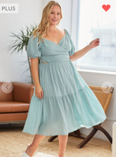 Load image into Gallery viewer, Calm mood midi dress with overlap top and back tie detail.