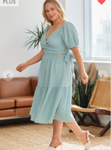 Load image into Gallery viewer, Calm mood midi dress with overlap top and back tie detail.