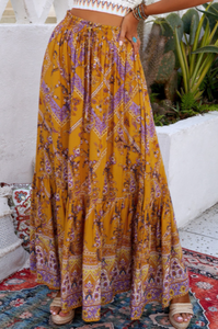 Pre-Order Orange Boho Floral Print Ruffled Elastic High Waist Maxi Skirt