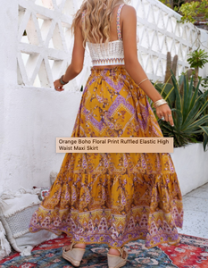 Pre-Order Orange Boho Floral Print Ruffled Elastic High Waist Maxi Skirt