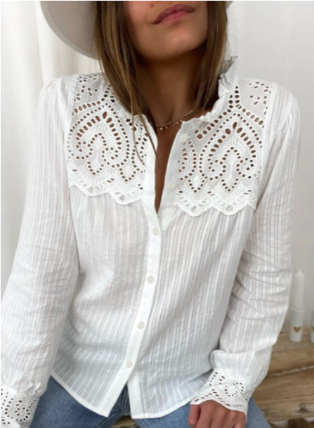 Pre-Order White Casual Buttoned Hollow-out Patch Long Sleeve Shirt