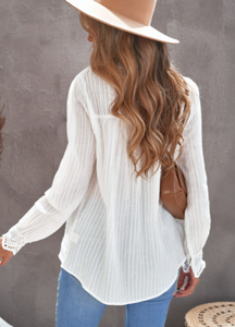 Pre-Order White Casual Buttoned Hollow-out Patch Long Sleeve Shirt