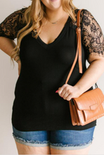 Load image into Gallery viewer, Pre-Order Plus Size Black Lace Short Sleeve V Neck Tee