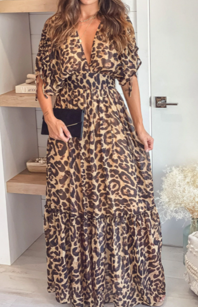 Pre-Order Leopard Print Drawstring V Neck High Waist Long Dress