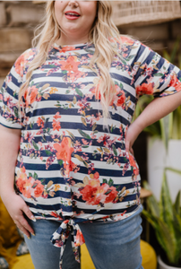 Pre-Order Plus Size Striped Floral Print Crewneck Short Sleeve T Shirt