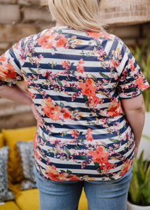 Pre-Order Plus Size Striped Floral Print Crewneck Short Sleeve T Shirt