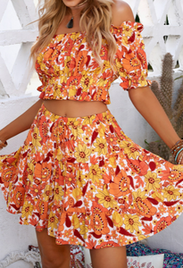 Pre-Order Orange Two-piece Boho Floral Skirt Set