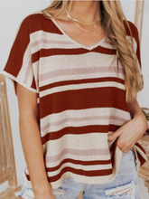 Load image into Gallery viewer, Pre-Order Striped Knitted V Neck Short Sleeve T-shirt