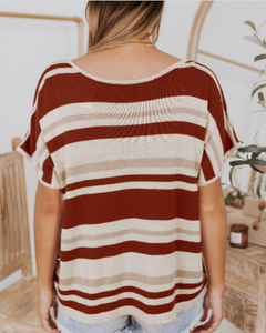 Pre-Order Striped Knitted V Neck Short Sleeve T-shirt