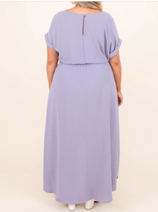 Pre-Order Purple Plus Size Roll up Short Sleeves High Low Maxi Dress