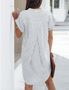 Pre-Order Gray Casual Striped Button High-Low Shirt Dress