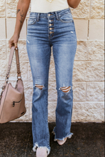 Load image into Gallery viewer, Light Blue High Waist Raw Hem Buttons Ripped Flare Jeans