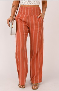 Pre-Order Orange Striped Shirred High Waist Straight Leg Pants