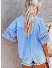Load image into Gallery viewer, Pre-Order Sky Blue Tassel Drawstring Embroidered Half Sleeve V Neck Top