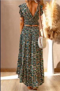 Pre-Order Multicolor Floral Ruffled Crop Top and Maxi Skirt Set