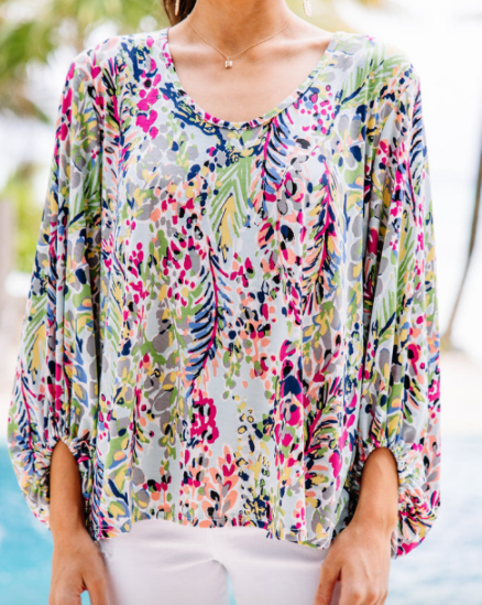 Pre-Order Green Floral Print Puffy Sleeve Loose Blouse