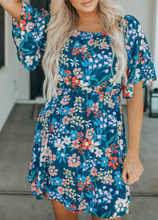 Load image into Gallery viewer, Pre-Order Blue Square Neck Ruffle Floral Dress