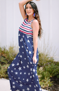 Pre-Order 4th of July Stripes and Stars Sleeveless Maxi Dress with Pockets