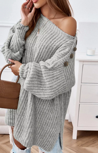 Pre-Order Gray Buttoned Drop Shoulder Oversized Sweater