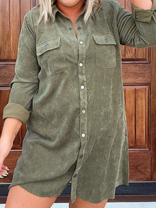 Pre-Order Green Plus Size Long Sleeve Buttoned Shirt Dress