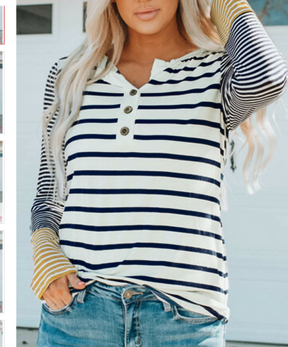 Pre-Order Long Sleeve Stripe Button Henley Top