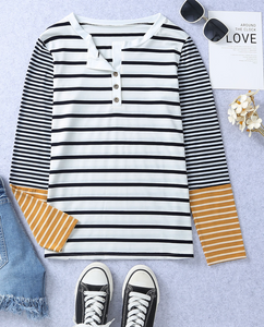 Pre-Order Long Sleeve Stripe Button Henley Top