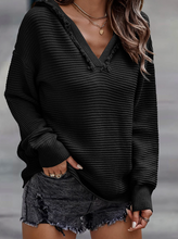Load image into Gallery viewer, Pre-Order V Neck Ribbed Drop Shoulder Hooded Sweater