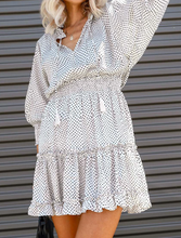 Load image into Gallery viewer, Pre-Order White Polka Dot Fringed Tie V-neck Ruffle Dress